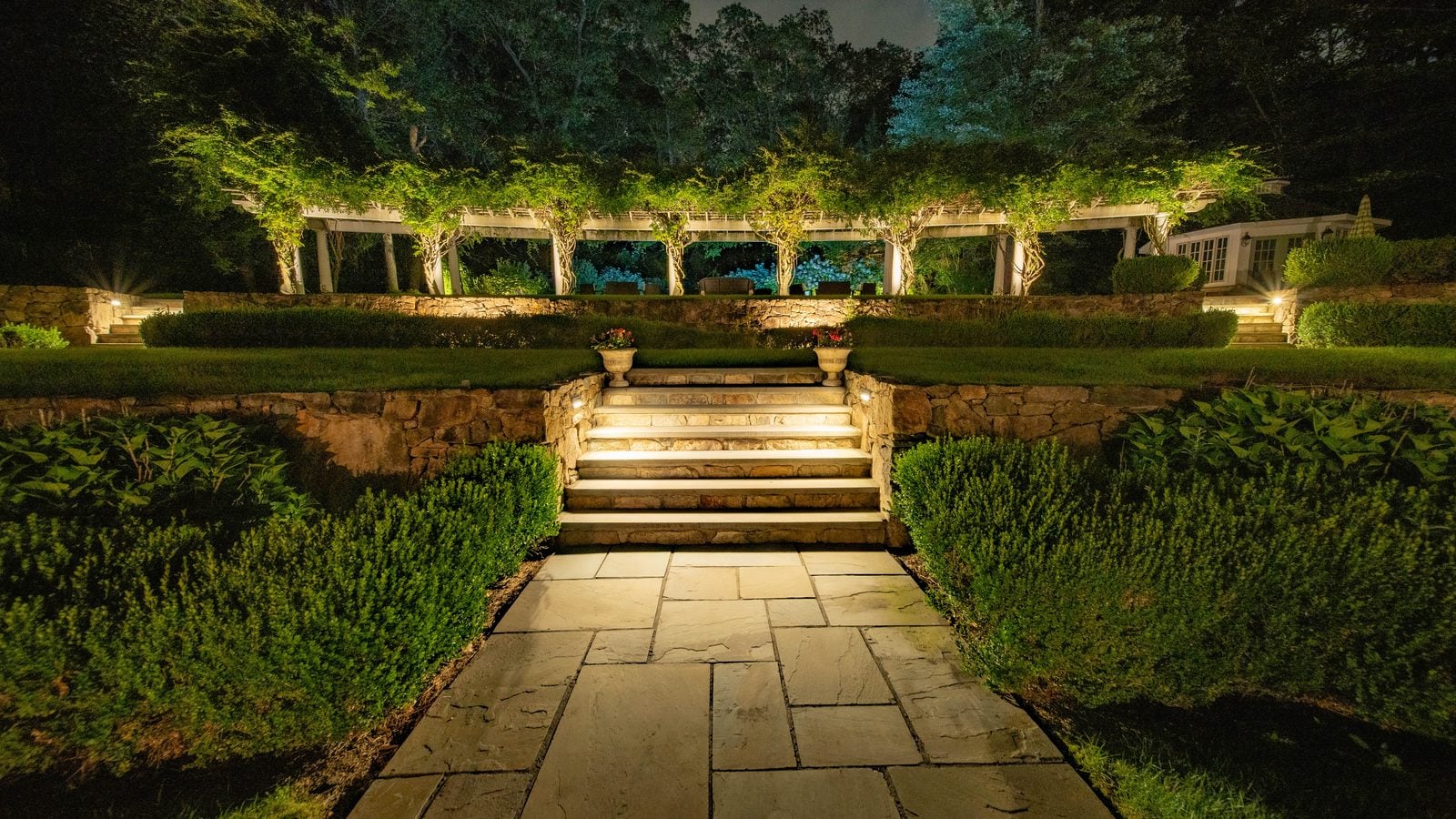 Bluestone steps lit riser by riser, rising between clipped hedges to a lit pergola